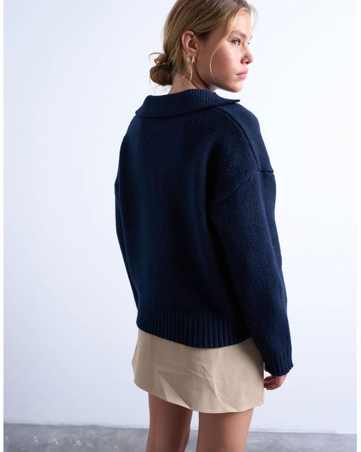 TOPSHOP Blue Knitted V Neck Collar Jumper