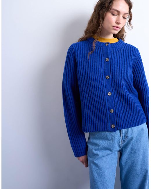 TOPSHOP Blue Knit Ribbed Crew Relaxed Button Cardigan
