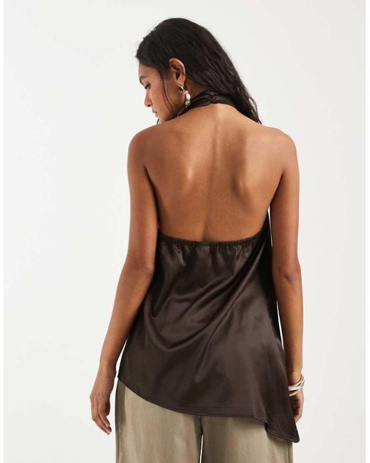 Pieces Brown Halter Neck Satin Asymmetric Hem Top