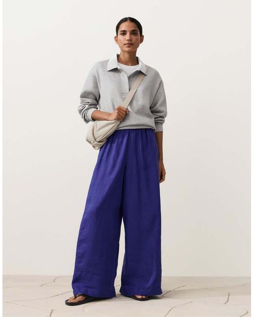 Oysho Blue 100% Linen Wide-leg Trousers With Side Pleat