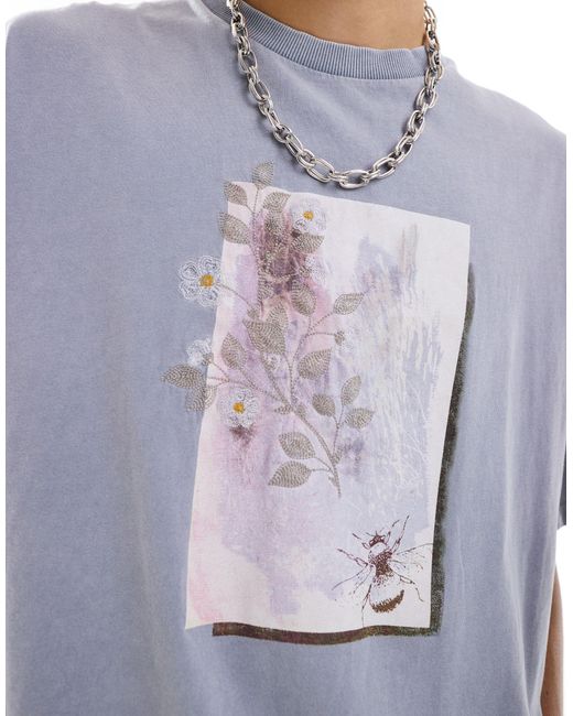 Collusion Blue Unisex Embroidered Floral Photographic Print T-shirt