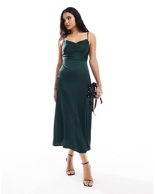 Vestido Largo Verde Oscuro De Tirantes Con Cuello Desbocado De Satén De Vila de color Blue