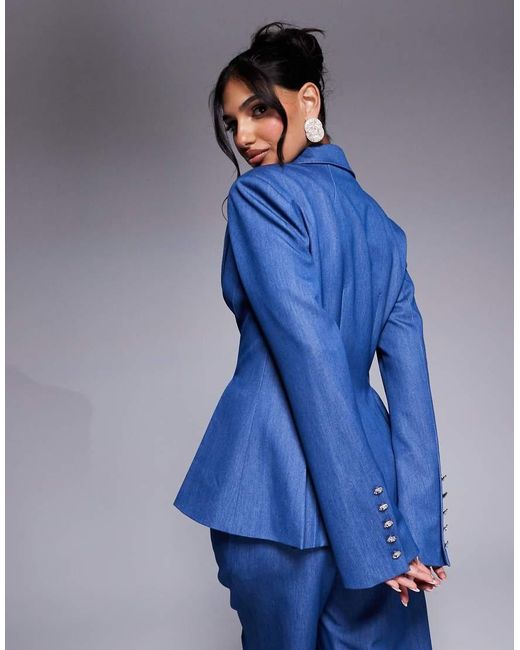 ASOS Getailleerde Elegante Blazer Van Chambray Met Versierde Manchetten in het Blue