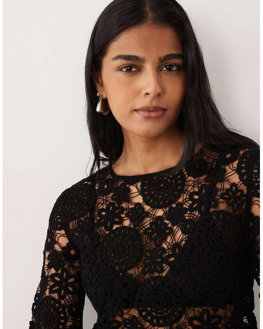 Mango Black Isabel Cotton Rich Floral Crochet Top Co-ord