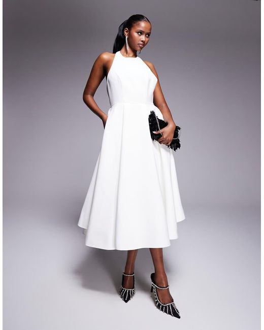 Jarlo Gray High Neck Structured A-Line Midi Dress