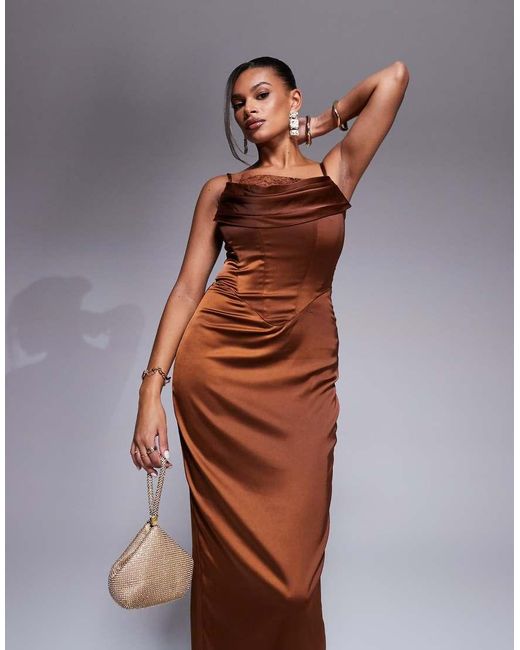 Taideux Brown Fuller Bust Naomi Satin Midaxi Boned Corset Dress With Lace Trim