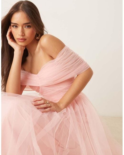 LACE & BEADS Maxi-Jurk Met Blote Schouders in het Pink