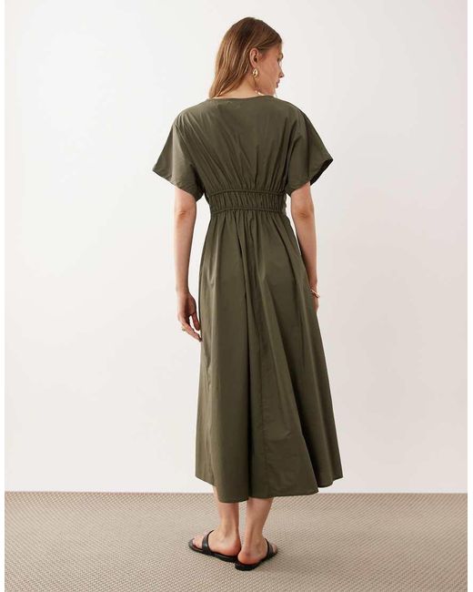 Mango Green V Neck Cinched Waist Midi Dress