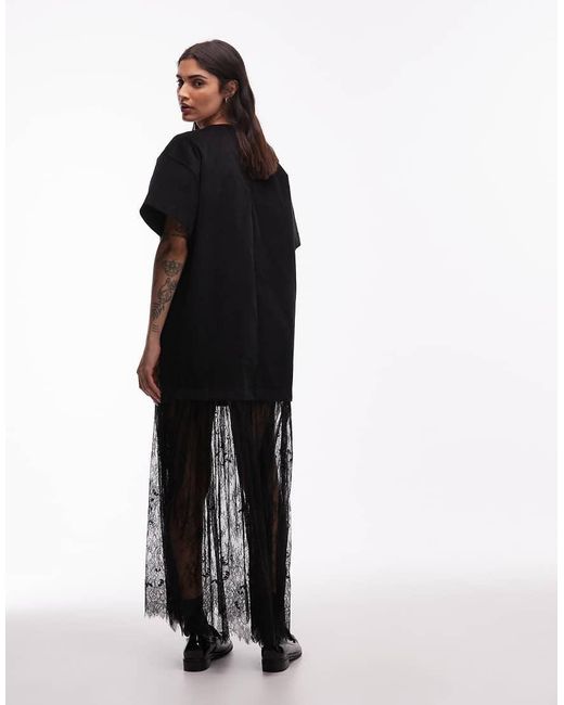 ASOS Black Cord T-shirt Hybrid Maxi Dress With Lace Skirt