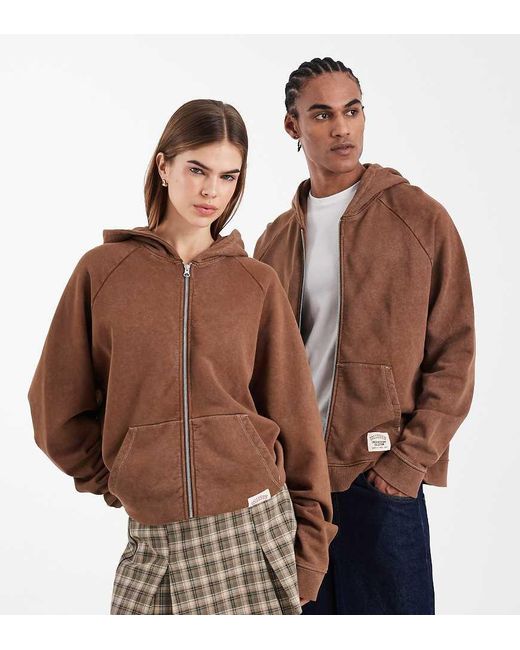 Collusion Brown Circular Design Collection Unisex Heavyweight Boxy Zip Hoodie