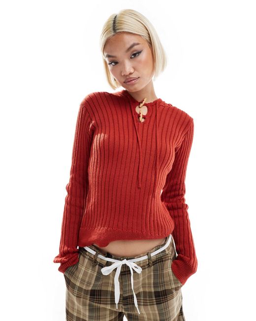 Daisy Street Red Fitted Pull Over Rib Knit Jumper With toggle Detail Keyhole