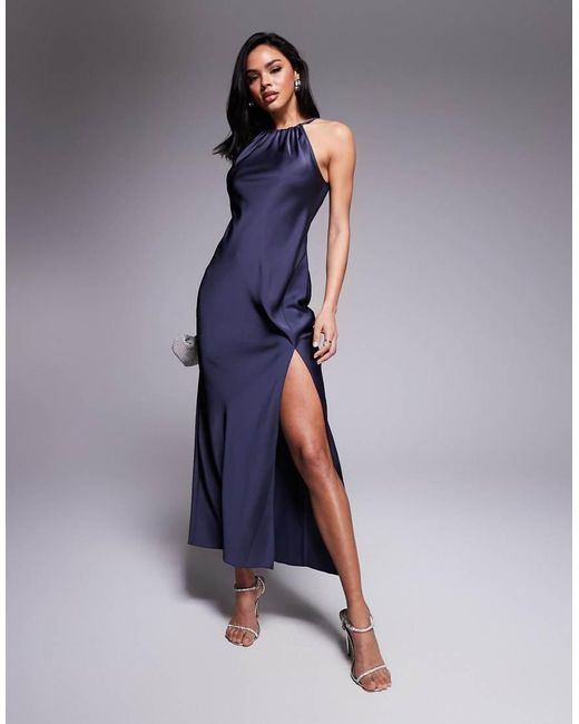ASOS Maxi Jurk Van Satijn Met Halternek En Split in het Blue