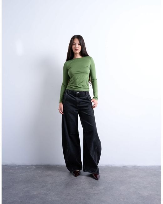 TOPSHOP Green Slinky Crew Neck Long Sleeve Top