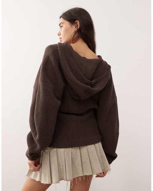 Monki Brown Exclusive To Asos Knitted Hooded Jumper Double Zip And Cinched Waist Detail