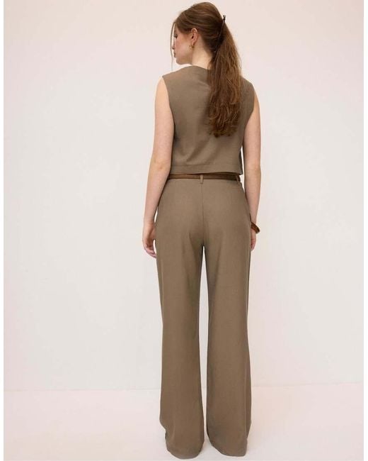 Stradivarius Brown Straight-Leg Linen Mix Trousers With Belt