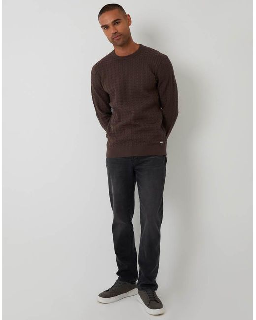 Threadbare Brown Cable Knit Crew Neck Jumper for men