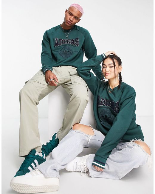 Adidas Originals Green Unisex 'preppy Varsity' Large Logo Sweatshirt