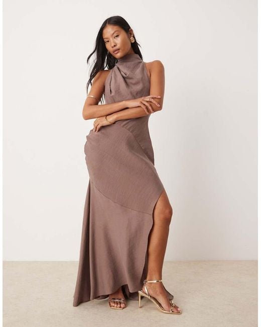 ASOS Brown Asos Design Petite High Neck Asymmetric Maxi Dress With Thigh Split