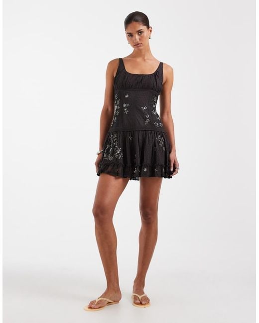 ASOS Black Scoop Neck Mini Dress With Sheer Lace Panels And Floral Embellishment