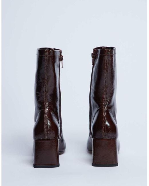 TOPSHOP Brown Sara Premium Leather Square Toe Flared Heel Boot