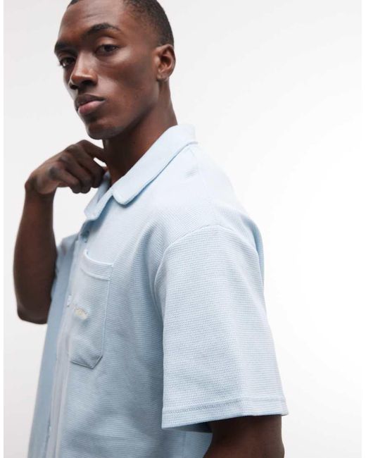 Prohibited Blue Short Sleeve Revere Collar Waffle Shirt Co-ord for men