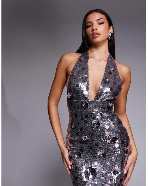 Oh Polly Gray Flower Sequin Maxi Dress