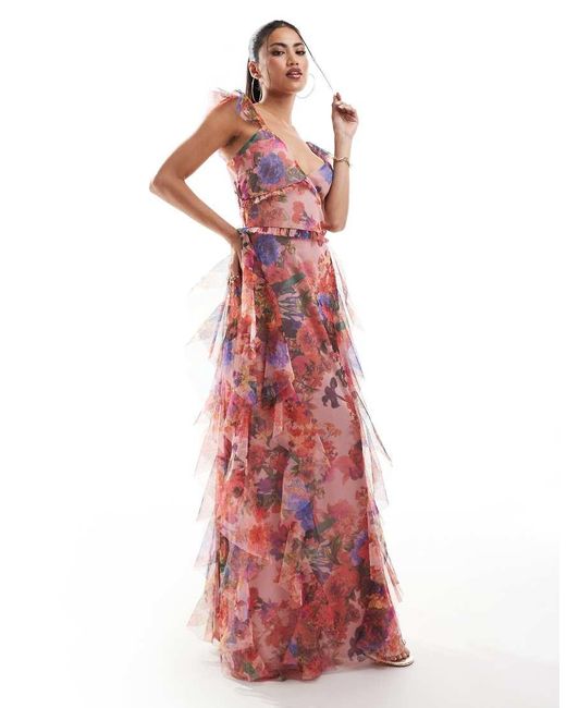 LACE & BEADS Red Tulle Ruffle Maxi Dress