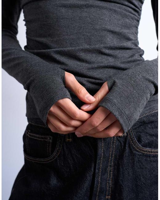 Top Fruncido De Manga Larga Con Cuello Asimétrico Y Acabado Cepillado De TOPSHOP de color Blue