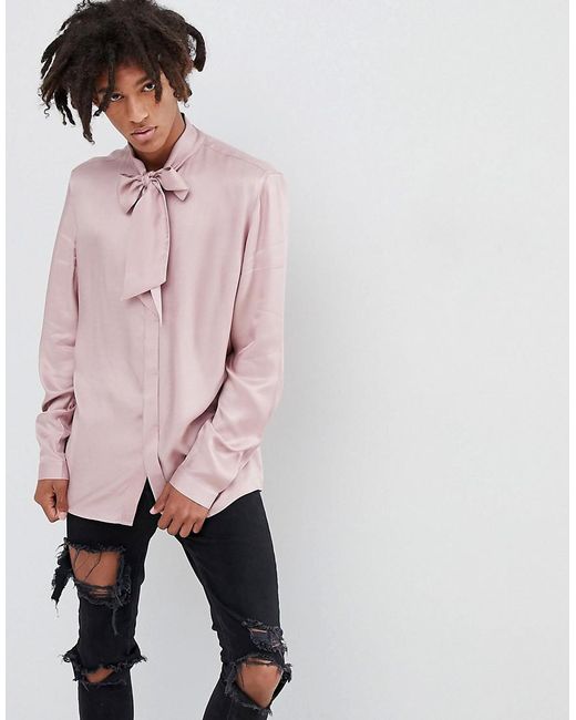 ASOS Regular Fit Shirt With Pussy Bow In Pink for men