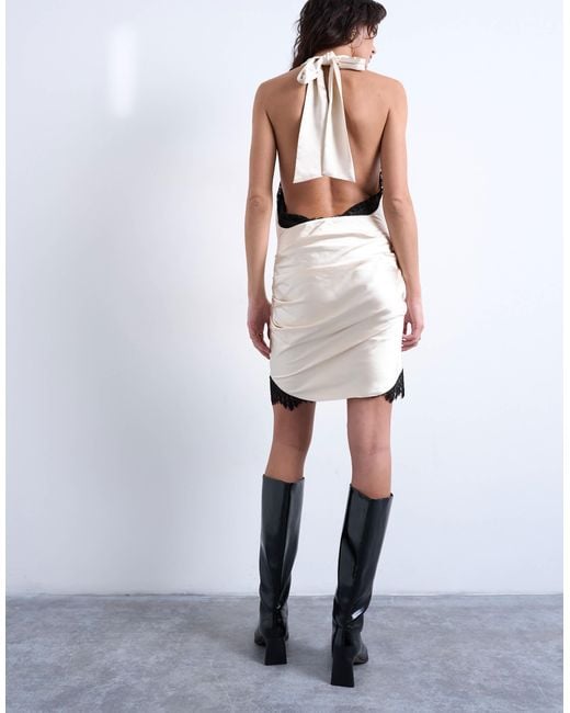 TOPSHOP White Satin Halter Cowl Neck Mini Dress With Contrast Lace Trim