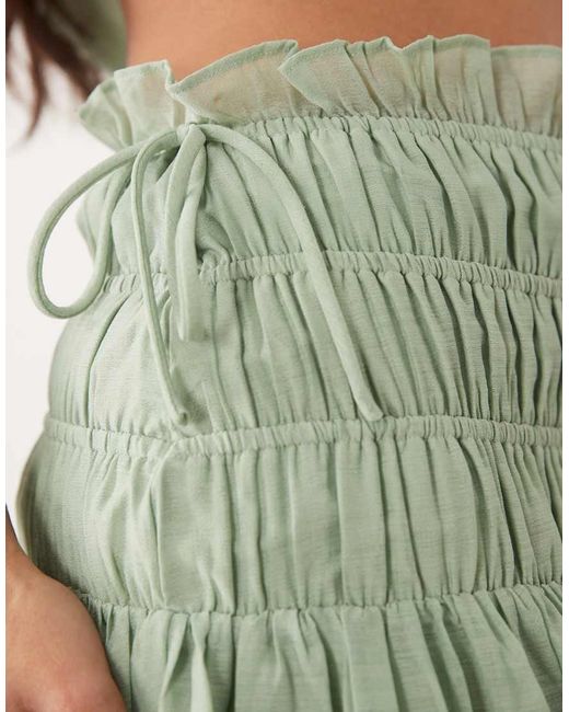 Wanderdoll Green Soulie Linen Look Shirred Dropped Waist Tie Detail Maxi Skirt Co-ord
