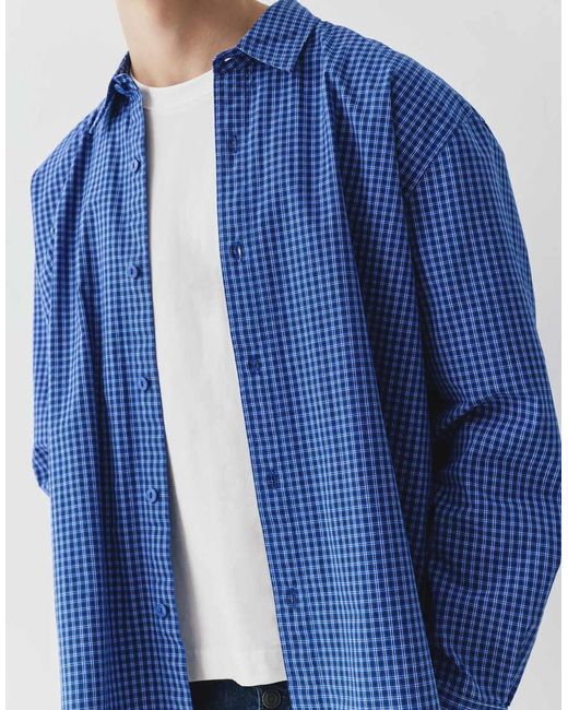 Pull&Bear Blue Long Sleeve Check Shirt for men