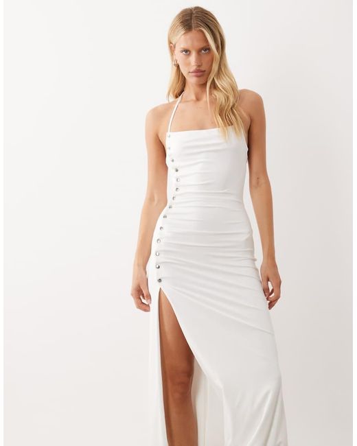 I.AM.GIA White Astraea Slinky Square Halterneck Studded Side Detail Low Back Fishtail Hem Maxi Dress