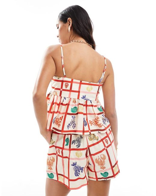 Miss Selfridge Babydoll Camitop Van Linnenmix Met Kreeftenprint, Deel Van Co-Ord Set in het Red