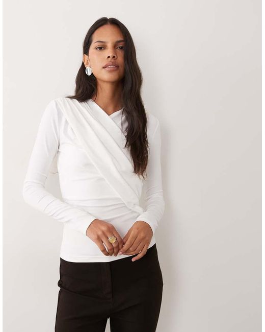 4th & Reckless Natural Slinky Wrap Ruched Detail Long Sleeve Top