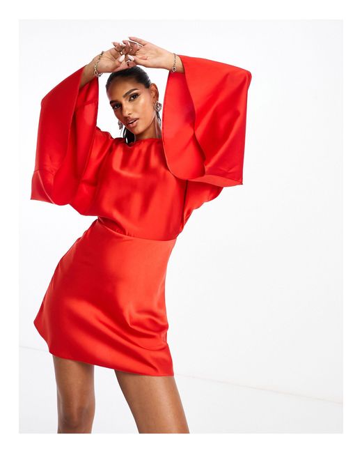ASOS Red Satin Batwing Sleeve Mini Dress