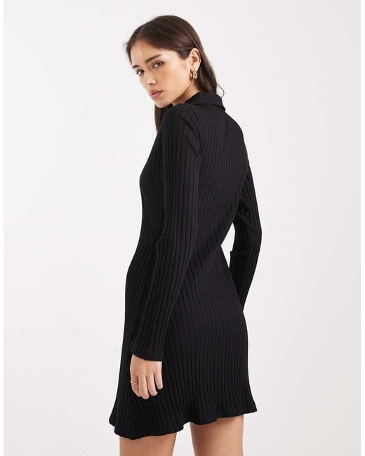 Miss Selfridge Black Rib Polo Button Through Mini Dress