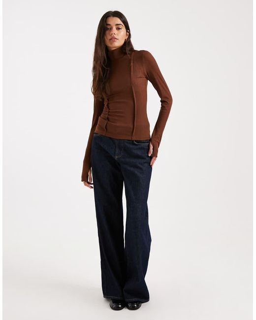 ASOS Brown Funnel Neck Long Sleeve Top With Exposed Seams