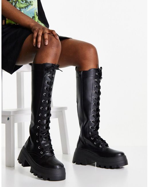 ASOS Carter Chunky Lace Up Knee Boots in Black | Lyst Canada