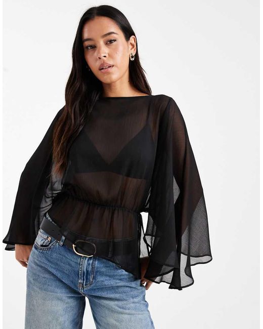 ASOS Black Sheer Chiffon Slash Neck Batwing Cape Blouse