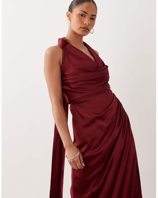 TFNC London Red Tfnc Bridesmaid Petite Satin Halter Neck Cowl Plunge Split Detail Maxi Dress