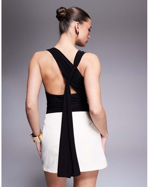 Kaiia Black Exclusive Double Layered Slinky Racerneck Gathered Back Drape Detail Body