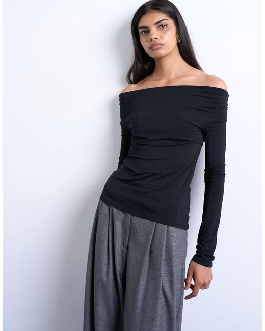 TOPSHOP Blue Long Sleeve Bardot Top