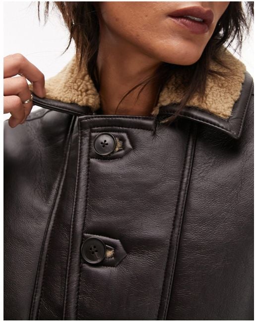 TOPSHOP Black Faux Leather Shearling Oversized Car Coat With Borg Lining