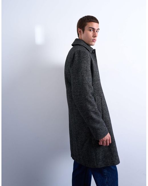 Topman Black Herringbone Wool Blend Overcoat for men