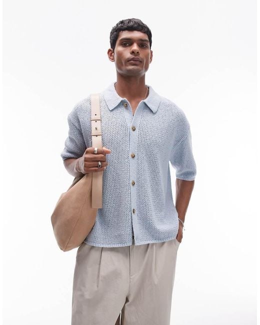 Topman Blue Button Through Crochet Shirt for men