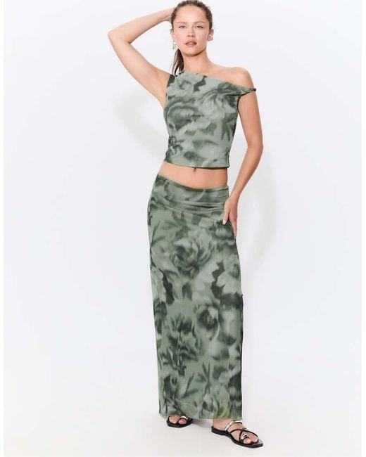 Stradivarius Green Printed Tulle Midi Skirt