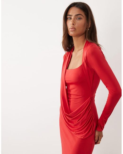 ASOS Red Slinky Square Neck Maxi Dress With Asymmetric Drape Detail