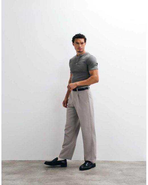 ASOS Gray Muscle Fit T-shirt With Henley Neck for men