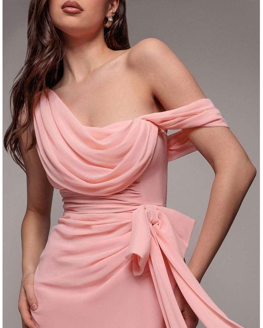 Goddiva Pink One Shoulder Cowl With Bow Detail Maxi Dress